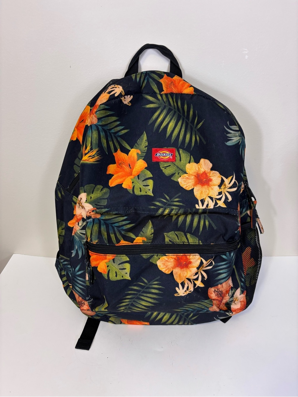 Dickies Black Backpack with Orange Floral Print Unisex 17 x 5 x 12”
